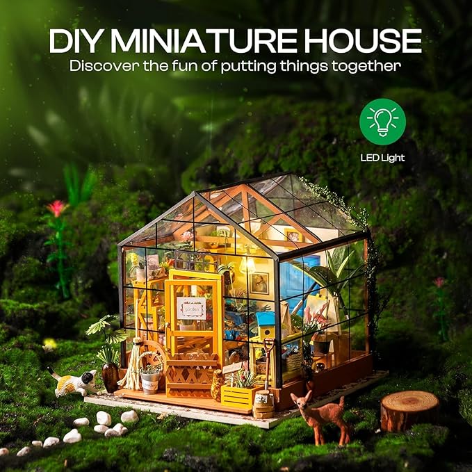 DIY Miniature House Kit Mini Green House Tiny Dollhouse Wooden Furniture Kit with LED Halloween